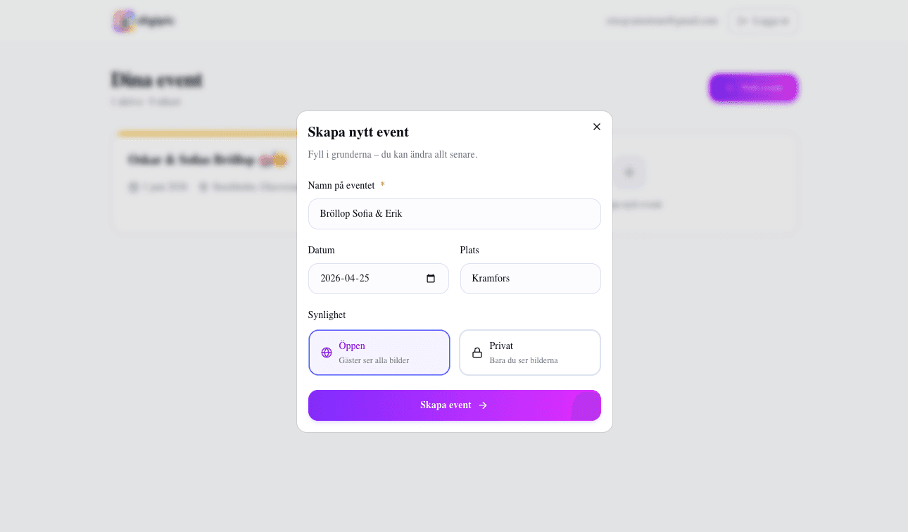 Formulär för att skapa nytt event i Digipic
