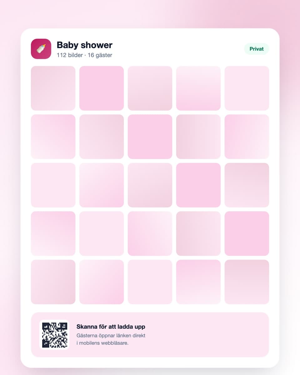 Digipic event-dashboard med QR-kod för baby showern