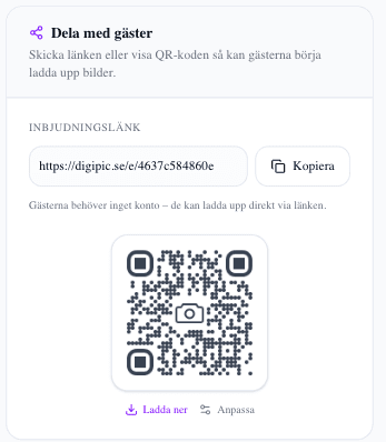 Dela-panelen på datorn med inbjudningslänk, kopiera-knapp och QR-kod
