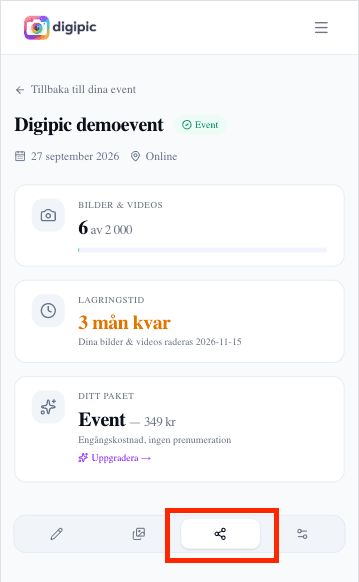 Dela-fliken på ett event i Digipic i mobilen, med inbjudningslänk och QR-kod