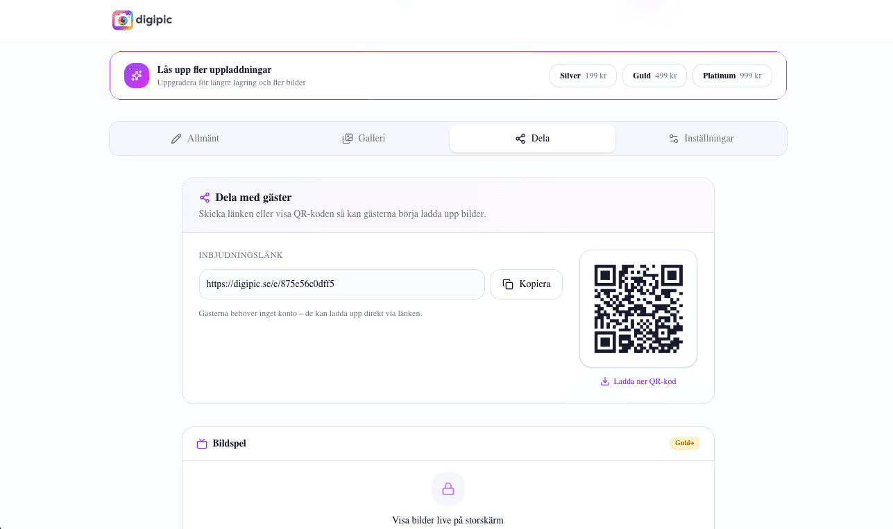 Dela-fliken med inbjudningslänk och QR-kod i Digipic