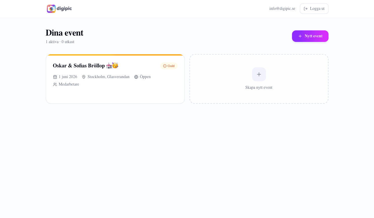 Digipic dashboard med eventöversikt