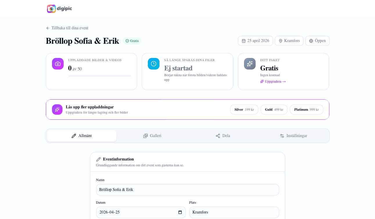 Eventöversikt med statistik och inställningar i Digipic