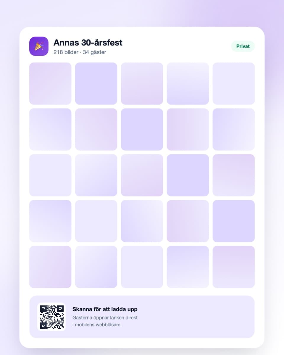 Digipic event-dashboard med QR-kod för festen