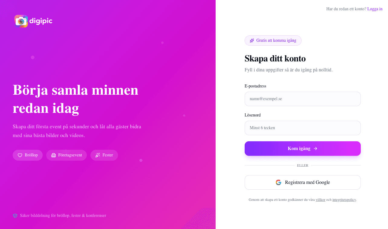 Digipic registreringssida med e-post och Google-inloggning