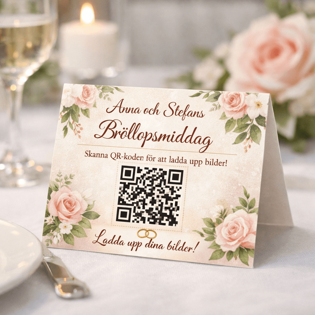 Digipic event-dashboard med QR-kod att dela med bröllopsgästerna