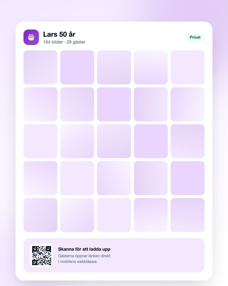 Digipic event-dashboard med QR-kod för födelsedagsfesten