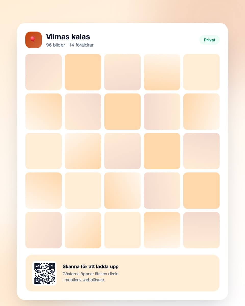 Digipic event-dashboard med QR-kod för barnkalaset