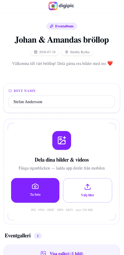 Gästvy: ladda upp bilder direkt i mobilen utan app