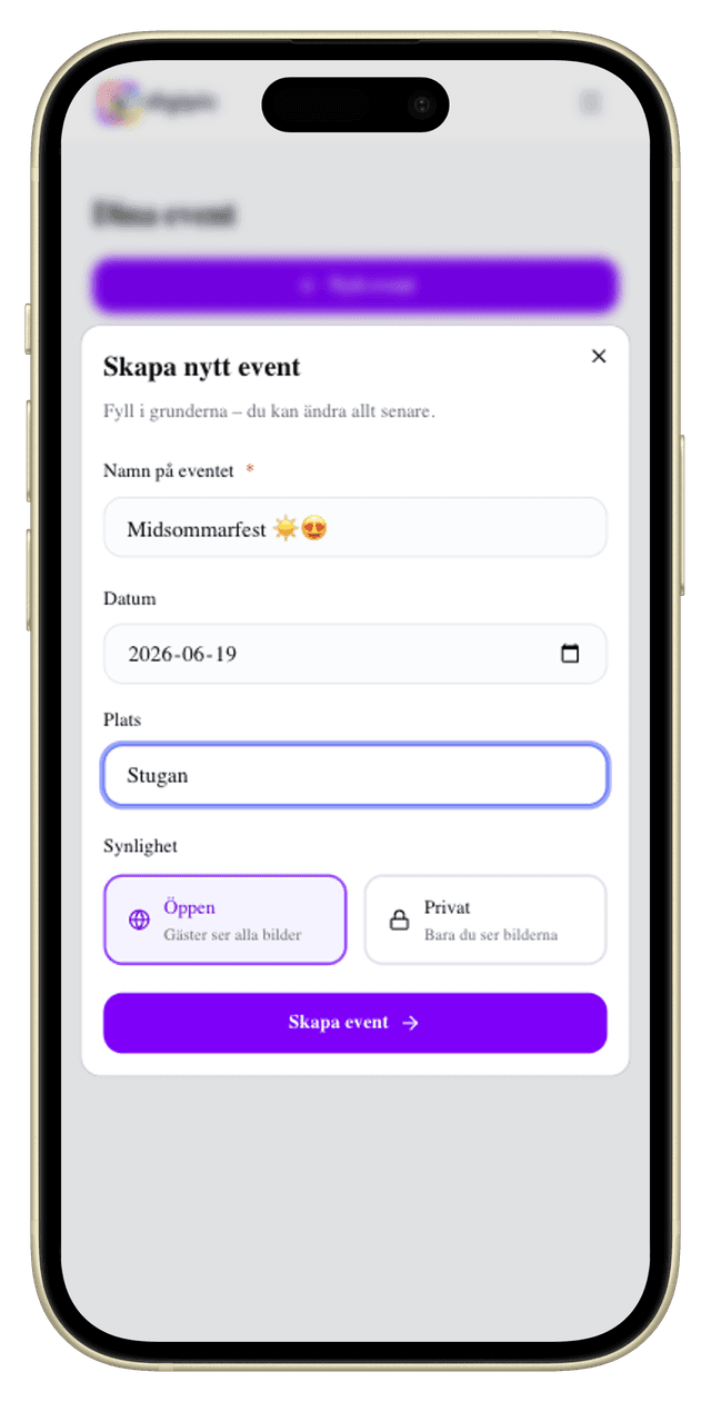 Formulär för att skapa nytt event i Digipic
