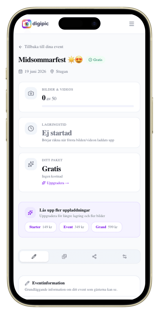 Eventöversikt med statistik och inställningar i Digipic