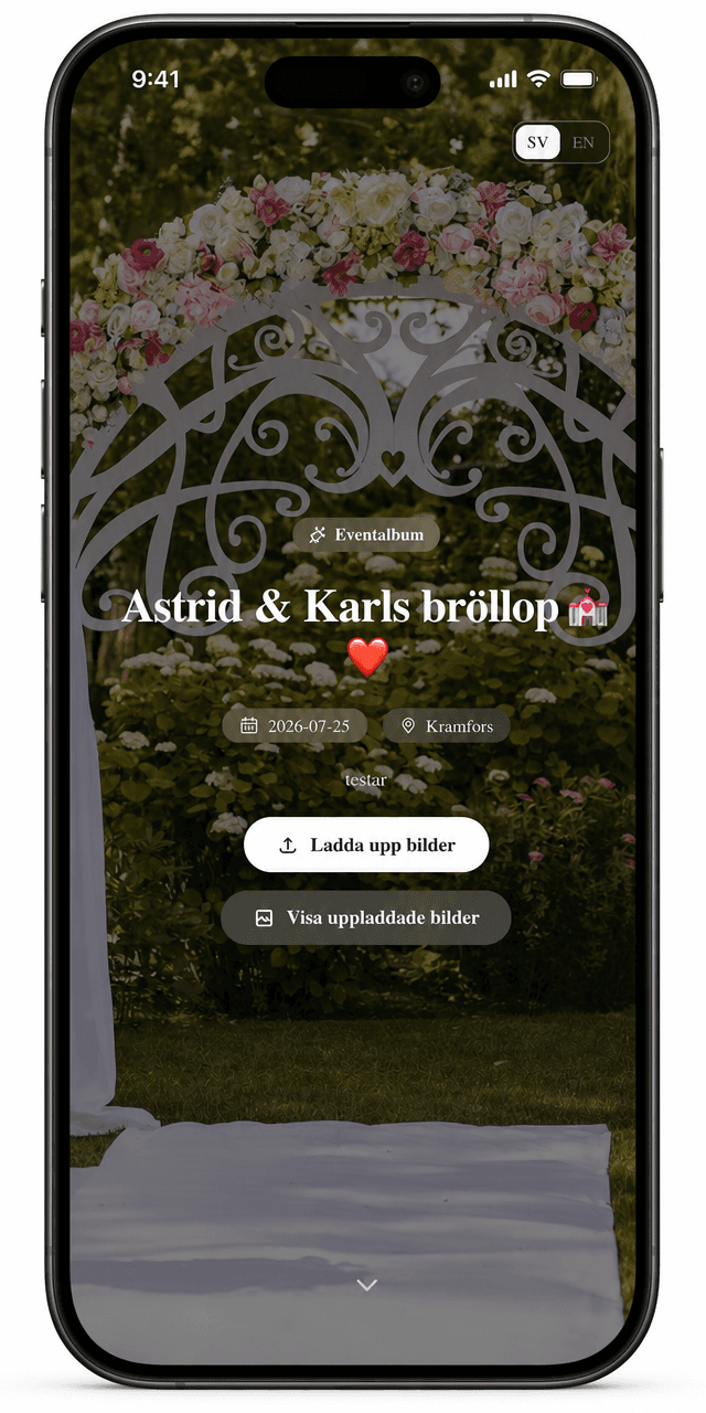 Digipic guest view on a phone: event album with buttons to upload and view photos