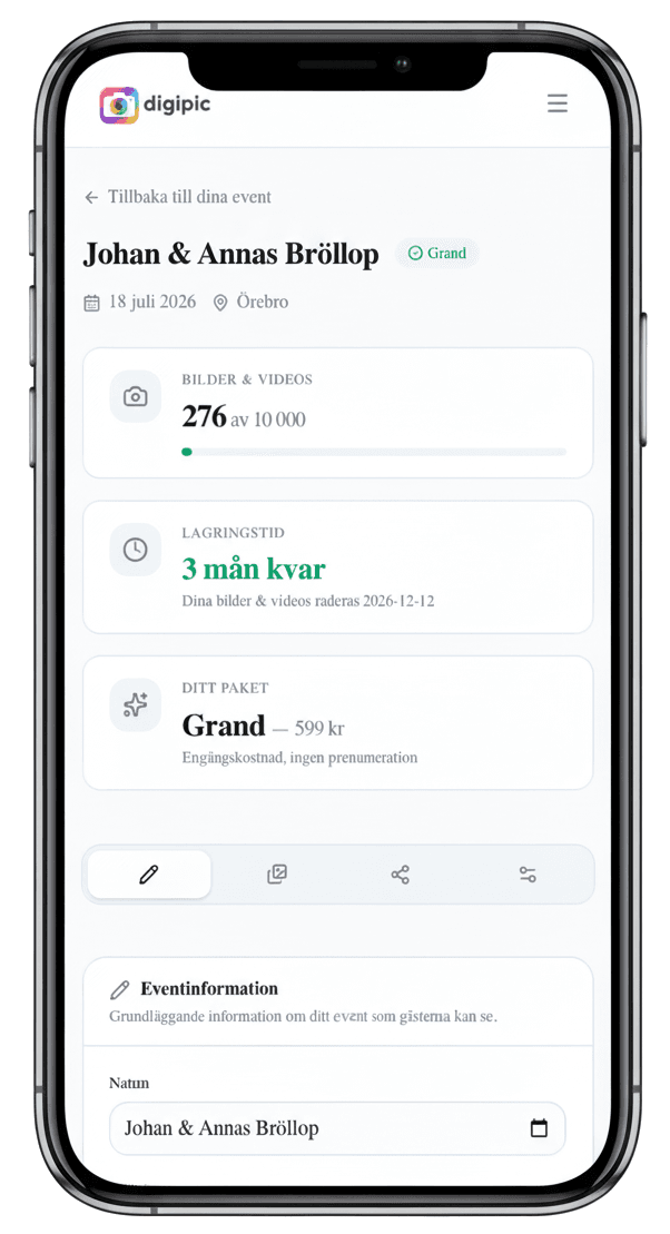 The Digipic organizer view showing upload count, storage time and event settings