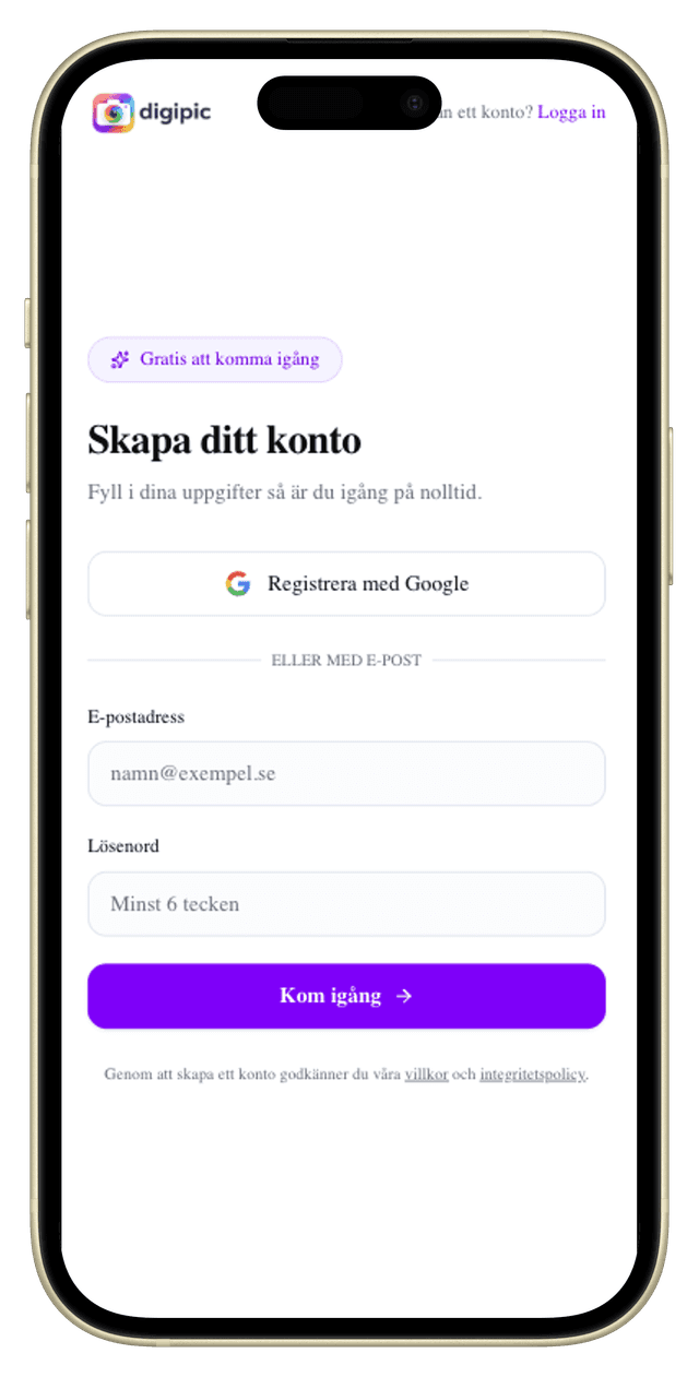 Digipic registreringssida med e-post och Google-inloggning