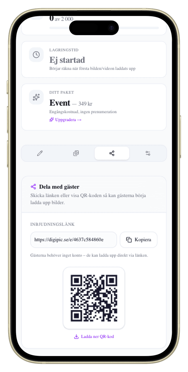 Dela-fliken med inbjudningslänk och QR-kod i Digipic