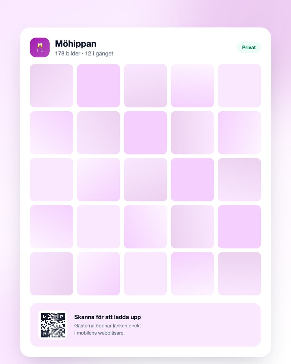 Digipic event-dashboard med QR-kod för möhippan
